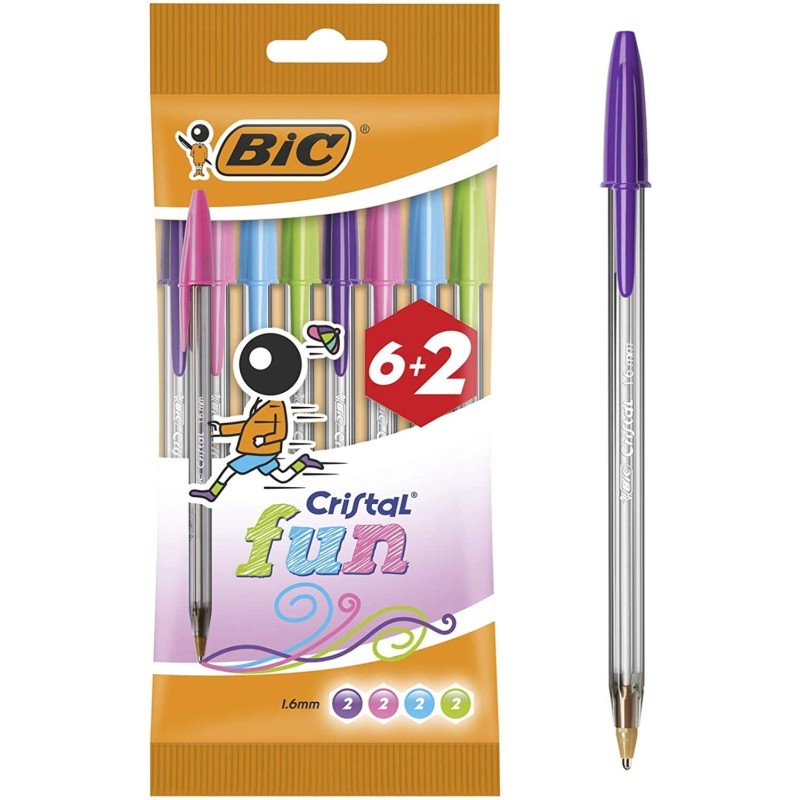 Bic Crystal Fun 6+2 pacco di boligrafi a 8 sfere - punta rotonda da 1