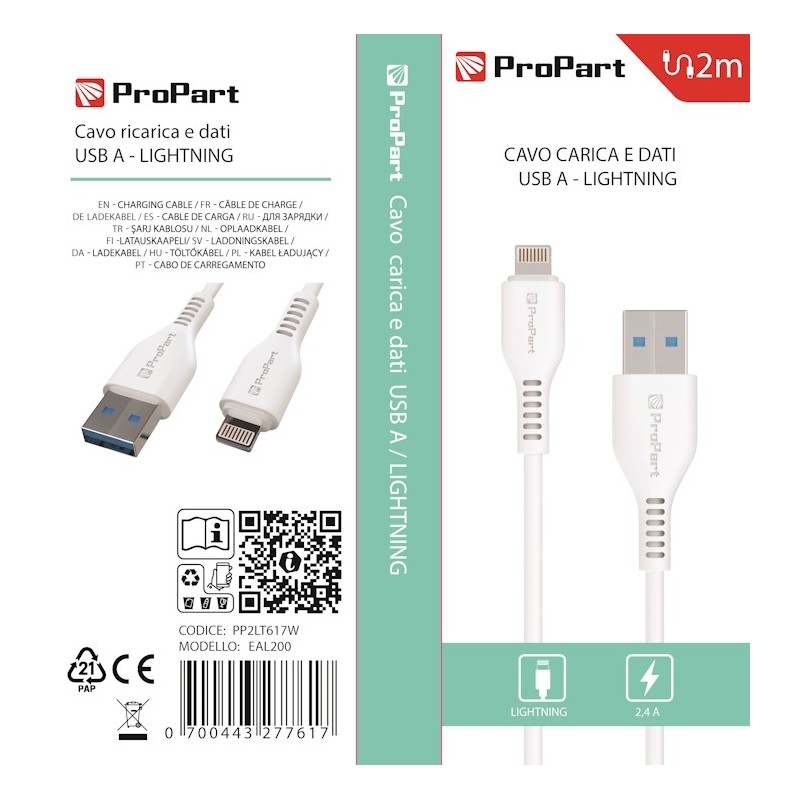 Cavo Lightning Apple 5V 24A 2mt Carica e dati Bianco