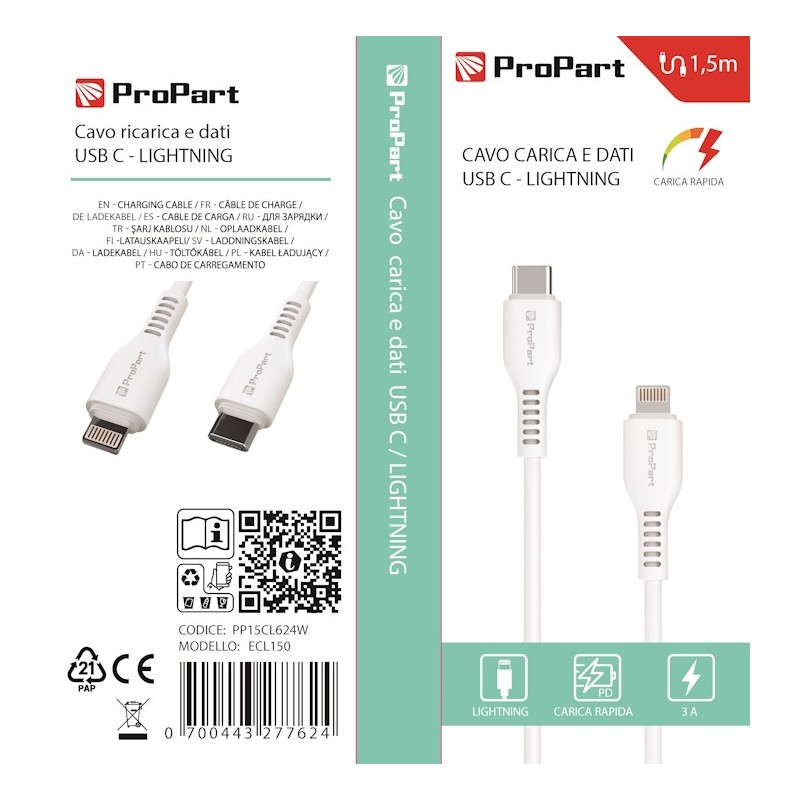 Cavo Lightning - Tipo-C 3A 15mt Carica Rapida e dati Bianco