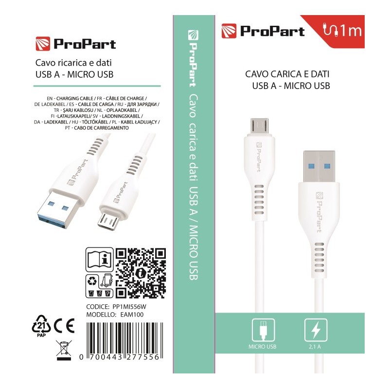 Cavo Carica e Dati Micro Usb 21 A Lunghezza 1 metro Bianco