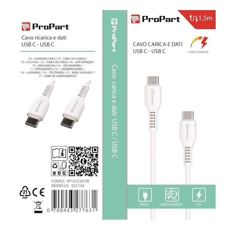 Cavo Carica e Dati Tipo-C a C 3 A Rapido L15 metri Bianco